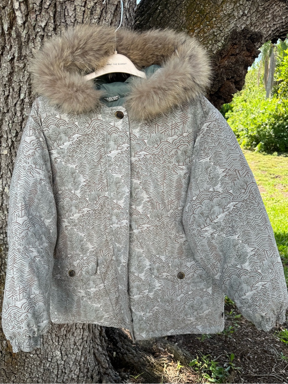 Vtg.Down Woolrich Parka.Gorgeous Green Abstract Tree and Mountain Print.Size L